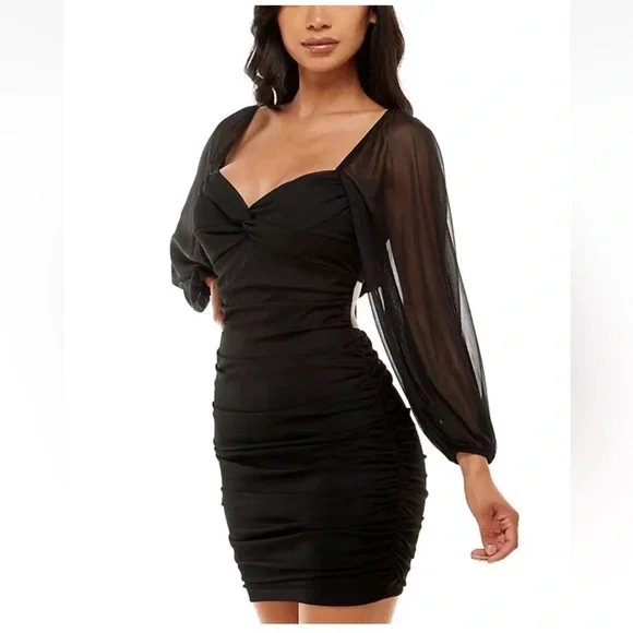 B Darlin Black Ruched Mesh Long Sleeve Bodycon Cut Out Mini Dress Size XL - Picture 2 of 15